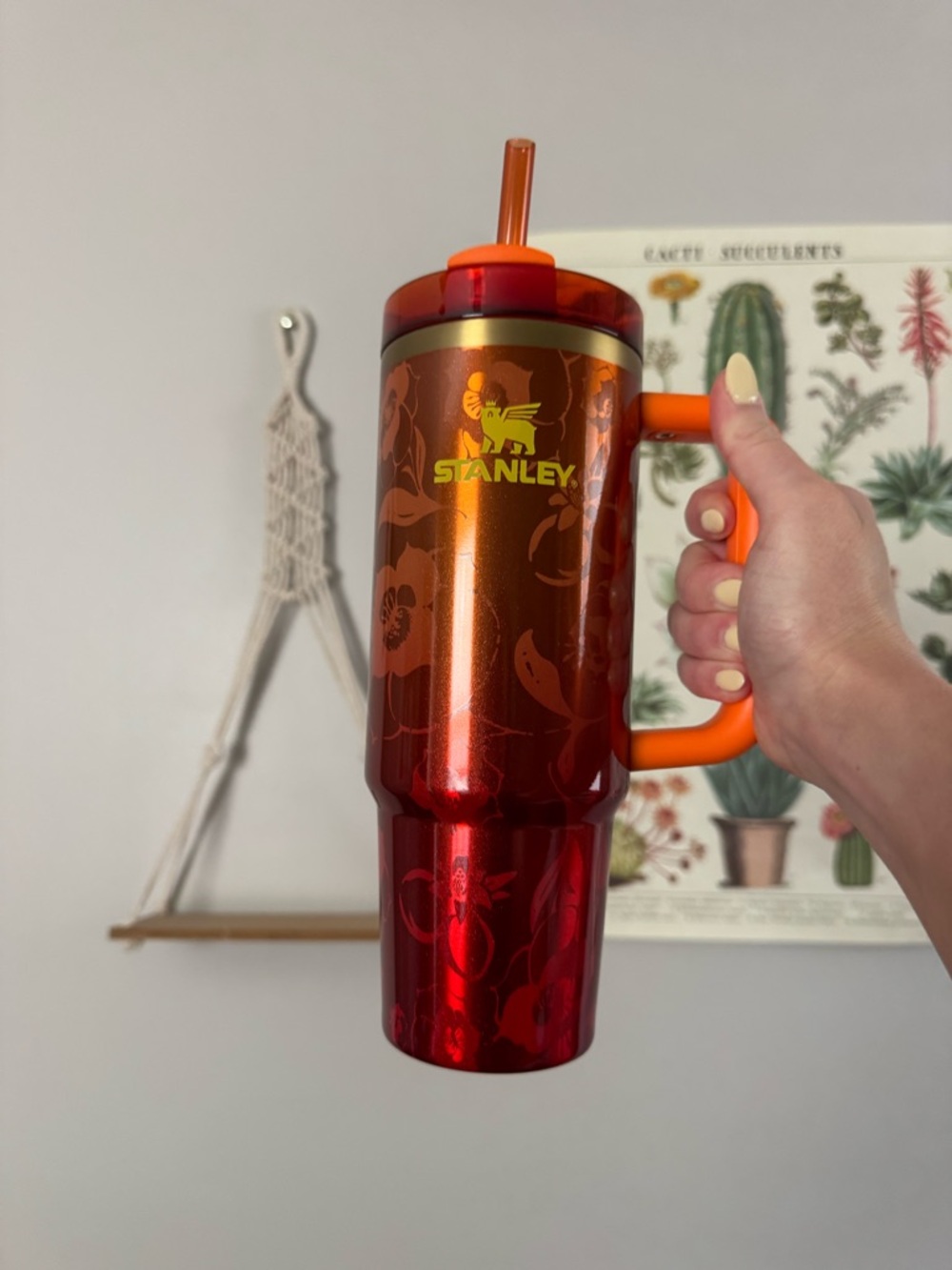 Stanley Quencher H2.0 Karol G 30oz Red Orange Tumbler & pineapple straw topper